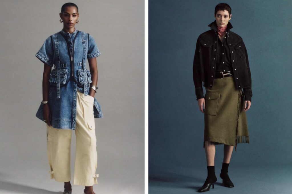 3.1 Phillip Lim(スリーワン フィリップ リム)のデニムベストやジャケット、スカートを着用したモデル画像