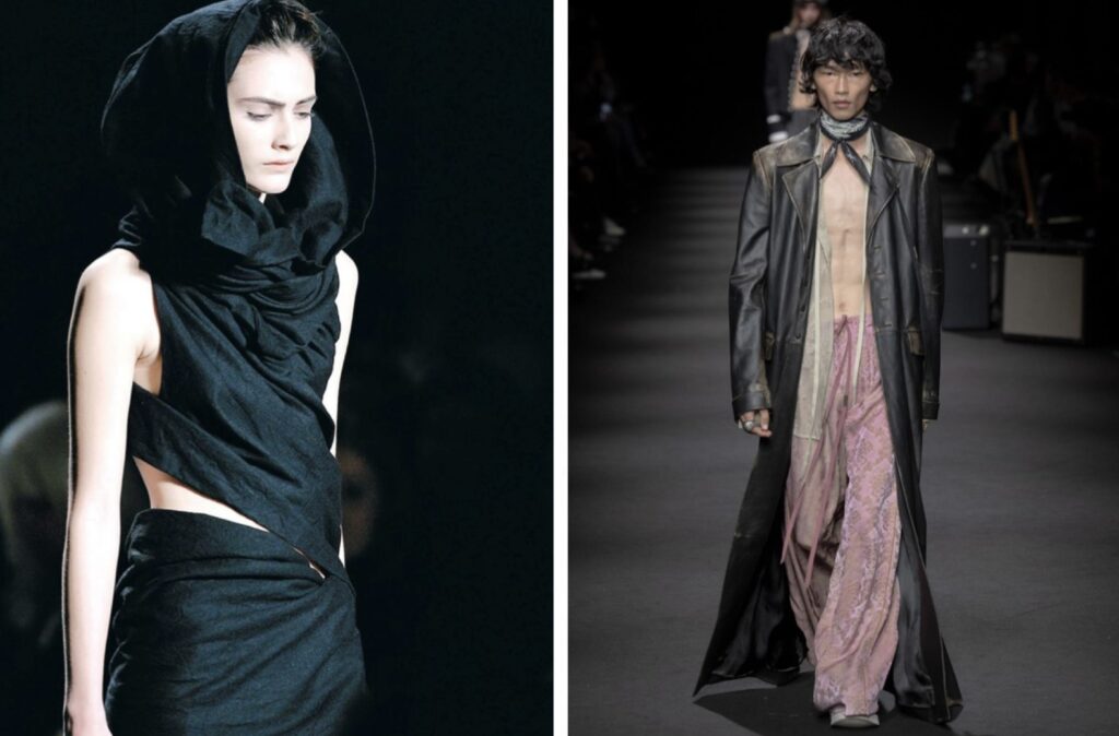 ANN DEMEULEMEESTER(アン ドゥムルメステール)のランウェイコレクション。ブランドを象徴するブラックドレープとロングレザーコートのスタイル