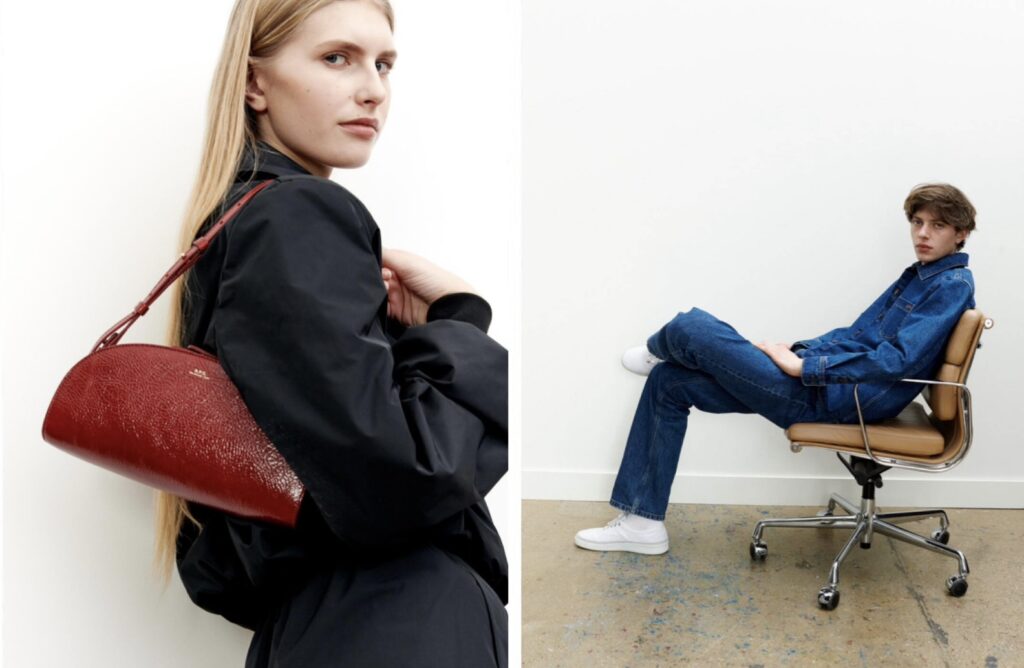 A.P.C.のデニムセットアップとレザーバッグを着用したモデル画像|A.P.C.買取ならBETTER CALL BROSKI