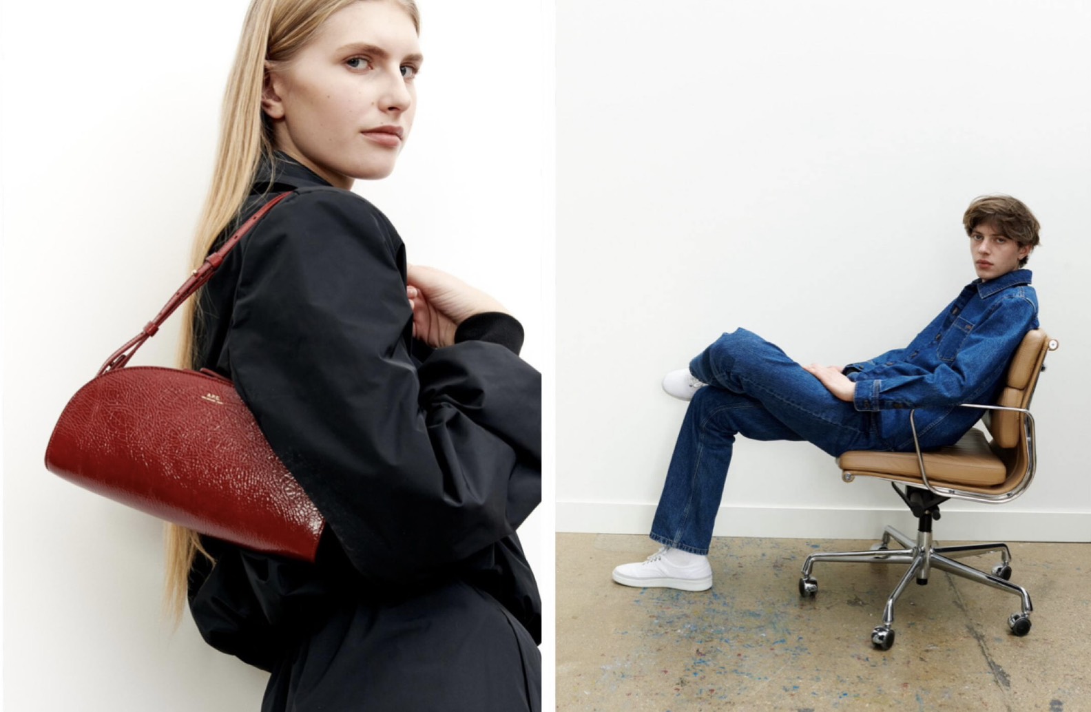 A.P.C.のデニムセットアップとレザーバッグを着用したモデル画像|A.P.C.買取ならBETTER CALL BROSKI