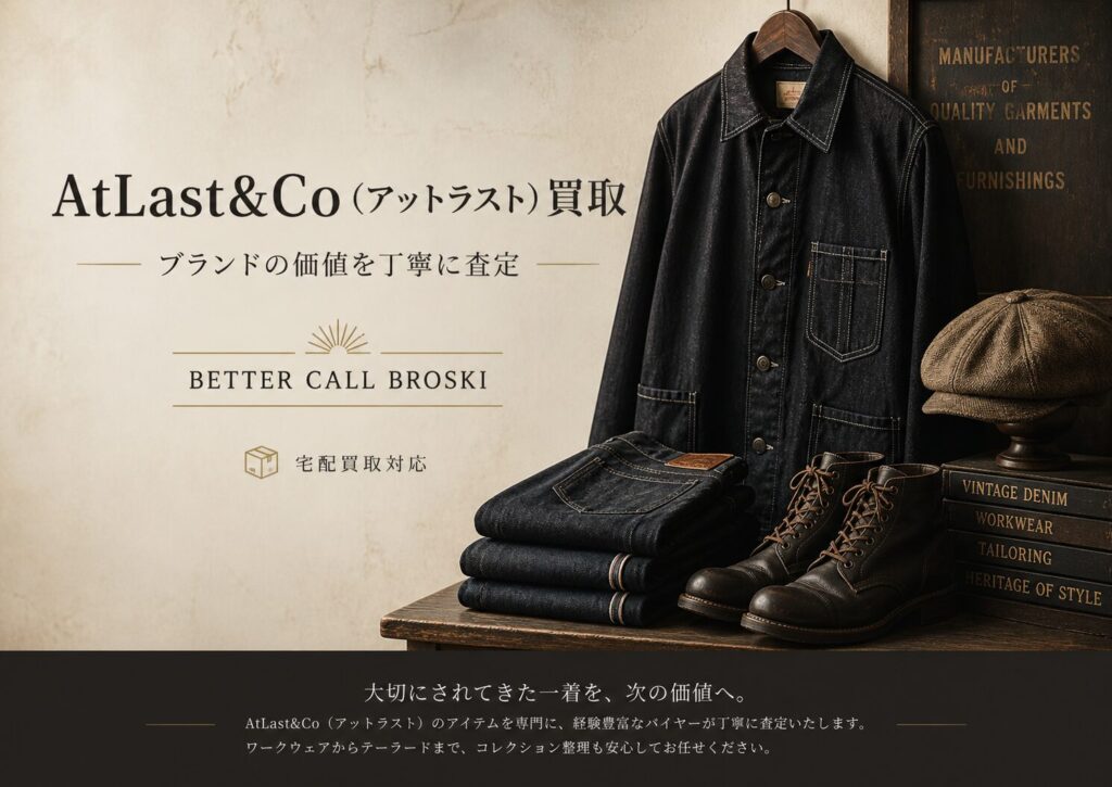 AtLast&Co(アットラスト)のデニムジャケットやワークブーツをイメージした、BETTER CALL BROSKIのブランド古着買取ページ用アイキャッチ画像。