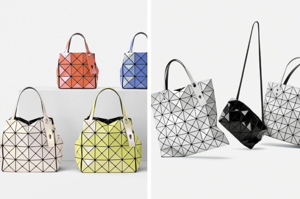 BAO BAO ISSEY MIYAKE(バオバオ イッセイミヤケ)のバッグ買取イメージ。特徴的な三角パネルデザインのトートバッグやハンドバッグを配置