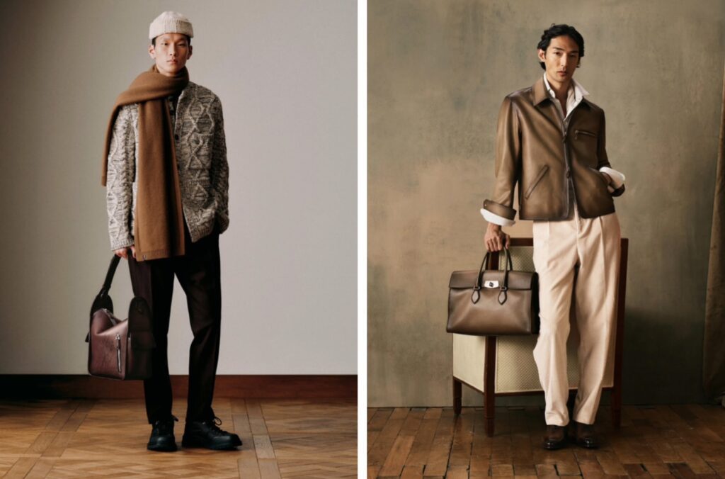 Berluti(ベルルッティ)のレザーバッグとレザージャケットを着用したモデルのコレクション画像