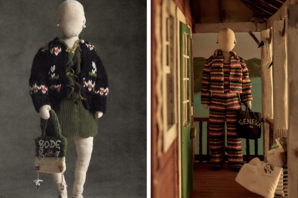 BODE(ボーディ)ヴィンテージ刺繍ハンドニットカーディガンとクロシェバッグのルック画像