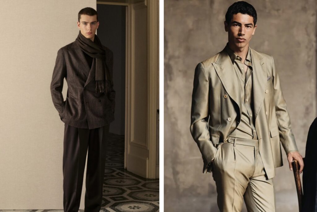 Brioni(ブリオーニ)の買取イメージ。上質なテーラードジャケットやスーツスタイルを着用したモデルを配置。