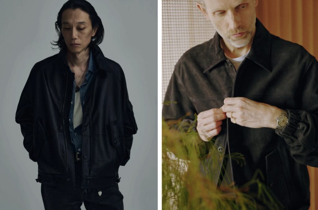 CCU(シーシーユー)レザージャケットの着用写真。上質な素材とシンプルなデザインが特徴の人気アウター