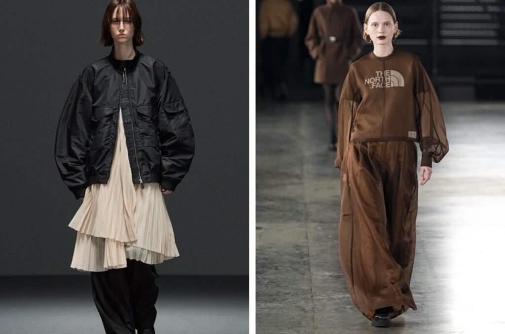HYKEのランウェイルック。左はブラックのMA-1とプリーツドレスのレイヤード、右はTHE NORTH FACEとのコラボによるブラウンの透け感トップスとワイドパンツのスタイリング。