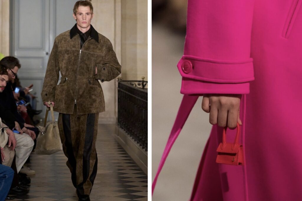 JACQUEMUS(ジャックムス)買取強化|ブラウンスエードジャケットのメンズランウェイルックとピンクのバッグ