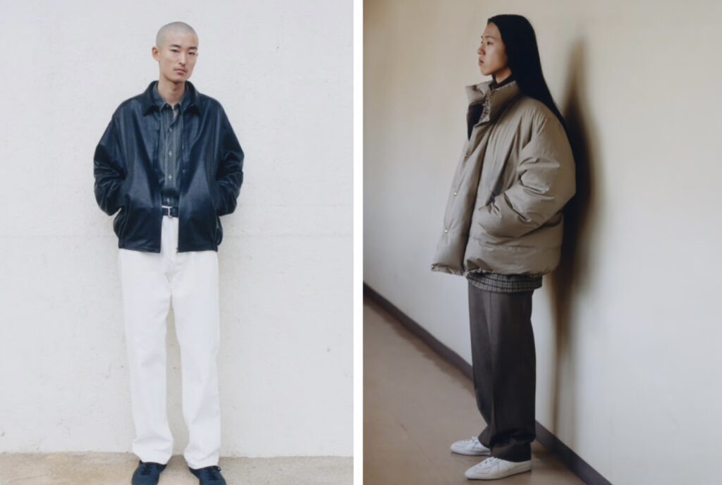 KAPTAIN SUNSHINEの人気アイテム着用イメージ|レザージャケットとダウンのミニマルコーデ
