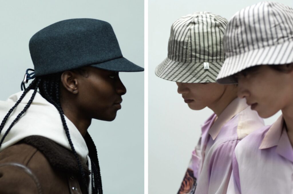 KIJIMA TAKAYUKI(キジマタカユキ)のフェルトハットとストライプバケットハットを着用したモデルたち。上質な素材感とミニマルなシルエットを際立たせたルック写真