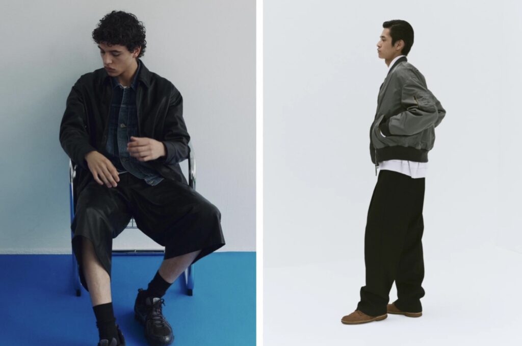 marka(マーカ)のミニマルなジャケットとワイドパンツを着用したメンズルック