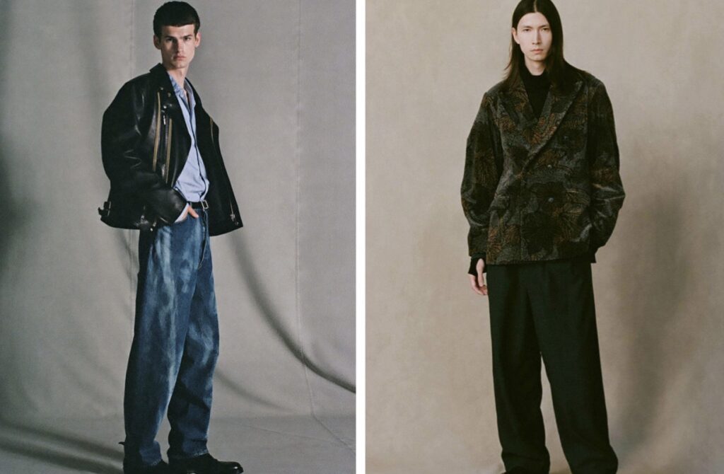 NICENESSのコレクションルック。左はレザージャケットとルーズデニムを合わせたスタイル、右は柄入りジャカードジャケットとワイドスラックスを着用したモデル。ブランド特有の上質素材と独自のシルエットを表現したビジュアル。