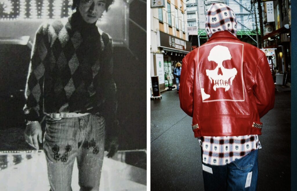 NUMBER (N)INEのアーカイブアイテムであるアーガイルニットとスカルモチーフのレザージャケットを紹介した買取向けイメージ画像
