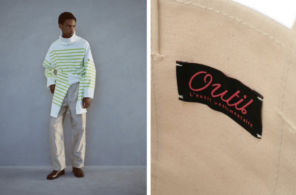 OUTIL(ウティ)のグリーンボーダーカットソーとワークパンツを着用したルックとブランドタグのクローズアップ