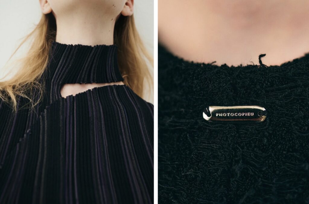 PHOTOCOPIEU(フォトコピュー)のリブニットトップス。立ち襟のカットデザインとブランドロゴプレートが特徴的な人気アイテム。フォトコピューの買取ならBETTER CALL BROSKI(ベターコールブロスキ)へ。