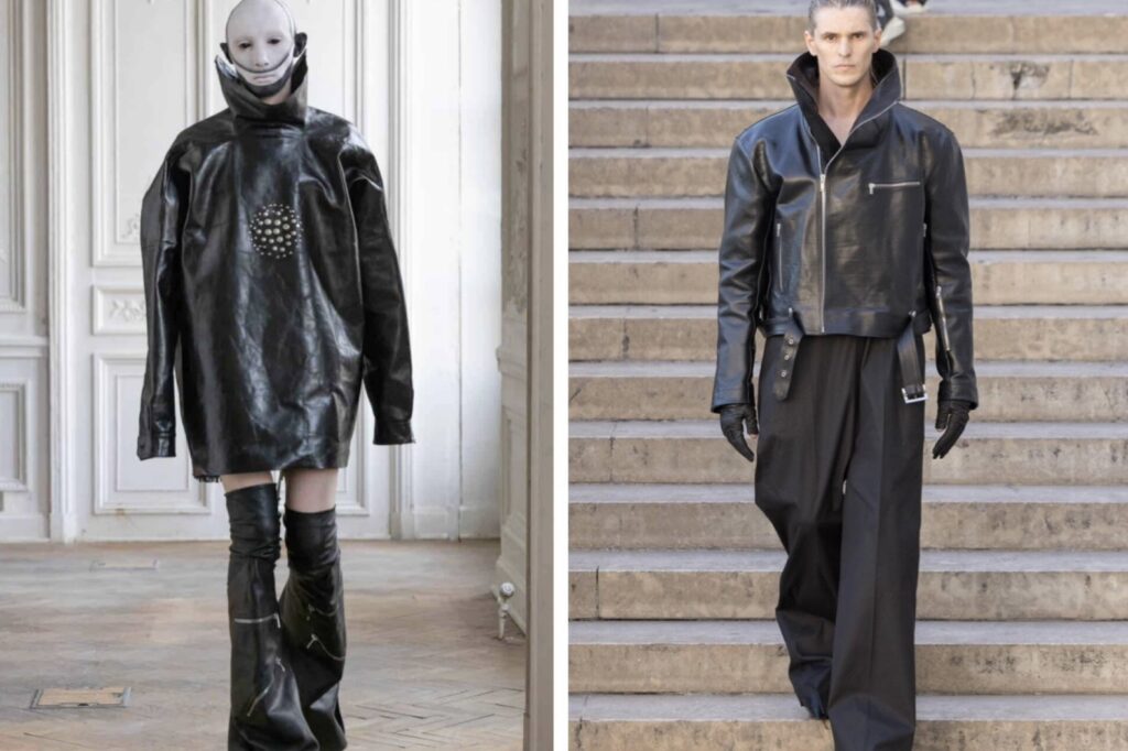 RICK OWENS(リックオウエンス)のランウェイルック。オーバーサイズのレザーアウターとハイネック、立体的なシルエットが特徴的なブラックレザーのスタイルをモデルが着用している様子。