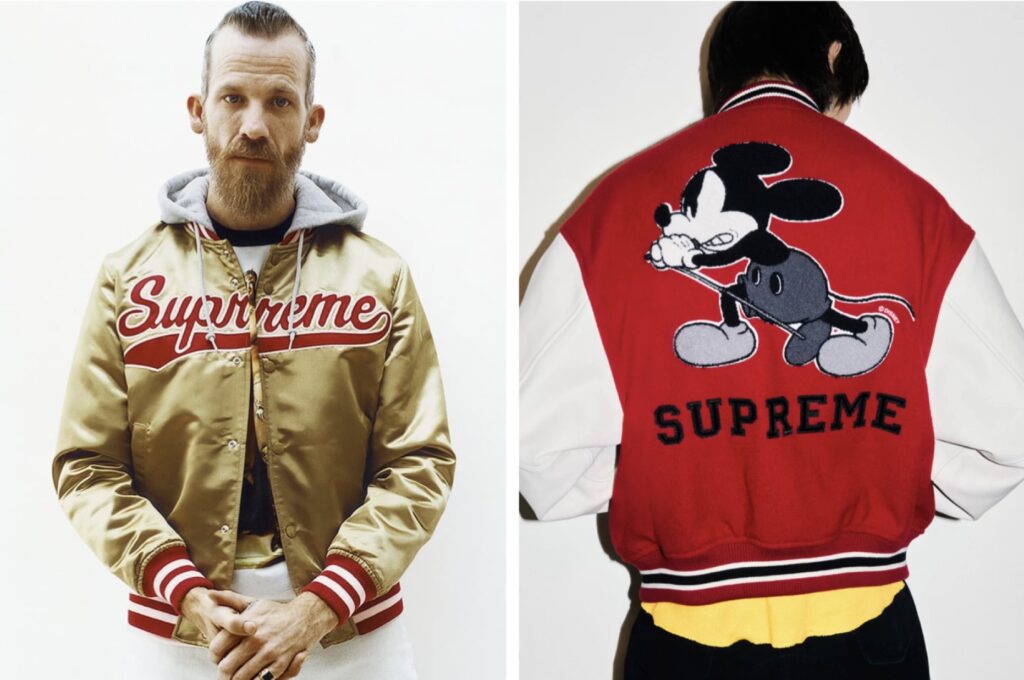 Supremeジャケットのデザイン例。フロントにSupremeロゴを施したアウターと、キャラクターワッペンが背面に入ったSupremeスタジャンの写真