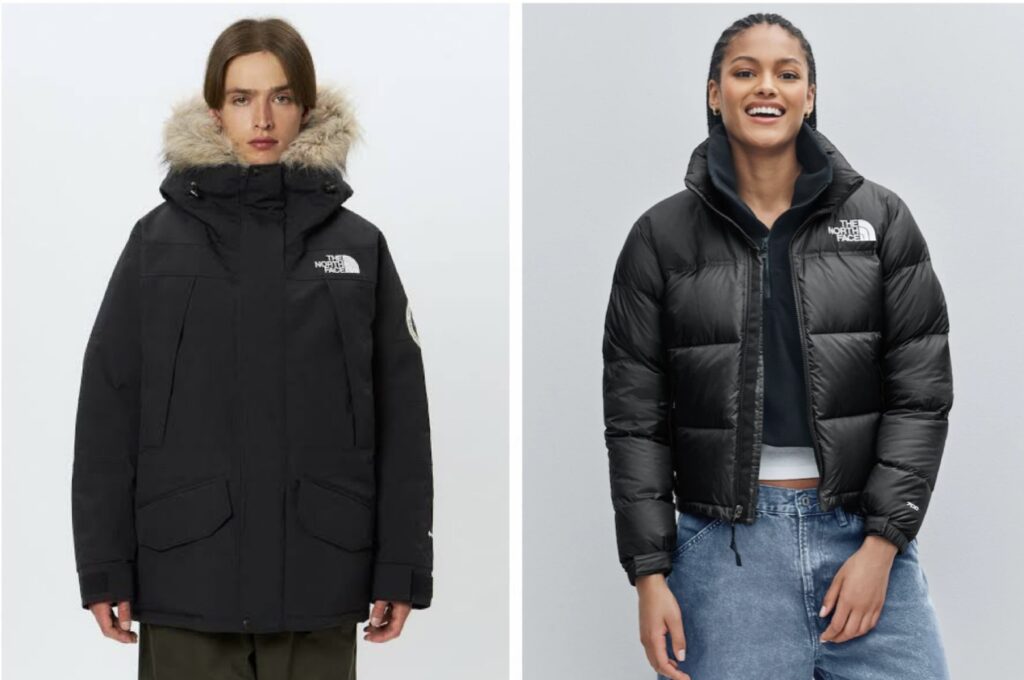 THE NORTH FACE(ザ・ノース・フェイス)の買取イメージ。ファー付きフードのブラックアウターとヌプシダウンジャケットを着用したモデルを配置。