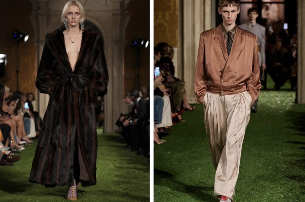 VALENTINO(ヴァレンティノ)のランウェイルックを背景に、ファーコートやサテンジャケットの上品なスタイルと高価買取ならBETTER CALL BROSKIと訴求するブログ用アイキャッチ画像。