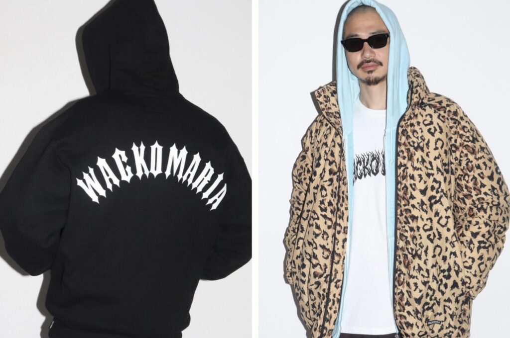 WACKO MARIAのバックロゴ入りパーカーとレオパード柄ジャケットを着用した男性のスタイリング写真