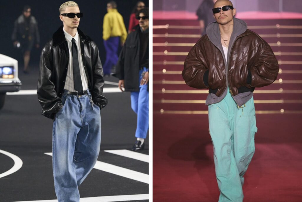 WILLY CHAVARRIA(ウィリー・チャバリア)のオーバーサイズレザージャケットとワイドパンツを着用したランウェイコーデ 高価買取の参考イメージ