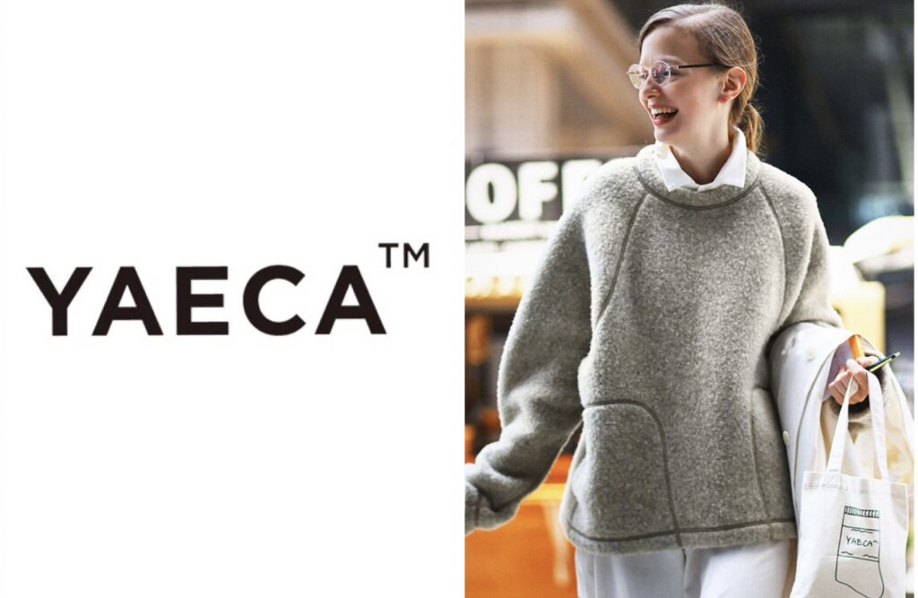 YAECA(ヤエカ)のロゴとグレーのトップスを着用した女性モデルを配置したアイキャッチ画像