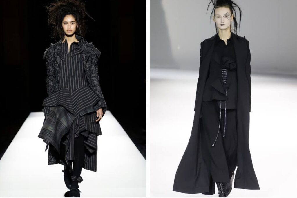 Yohji Yamamoto(ヨウジヤマモト)のブラックを基調としたランウェイルックを着用したモデル画像