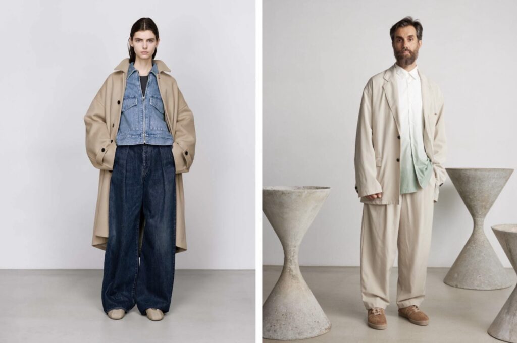 Graphpaper グラフペーパー 2025年春夏アイテム ベージュのアウターを羽織った男女コーディネート