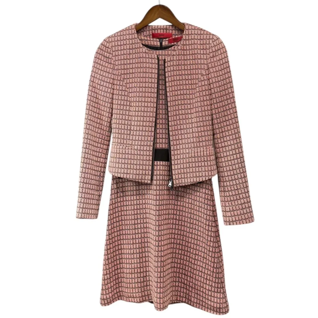 HUGO BOSS ヒューゴボス ツイードセットアップ ノーカラージャケット ドレスワンピース ピンク