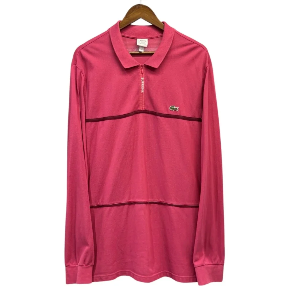 Supreme×LACOSTE シュプリーム ラコステ 19AW Pique Zip L/S Polo ジップロングスリーブポロシャツ XL ピンク