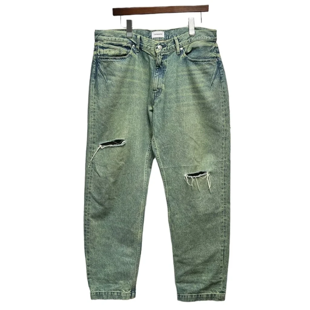 TANAKA タナカ THE SKATE JEAN TROUSERS クラッシュ加工ワイドテーパードデニムパンツ ST-134 BLEACH GREEN 33 グリーン