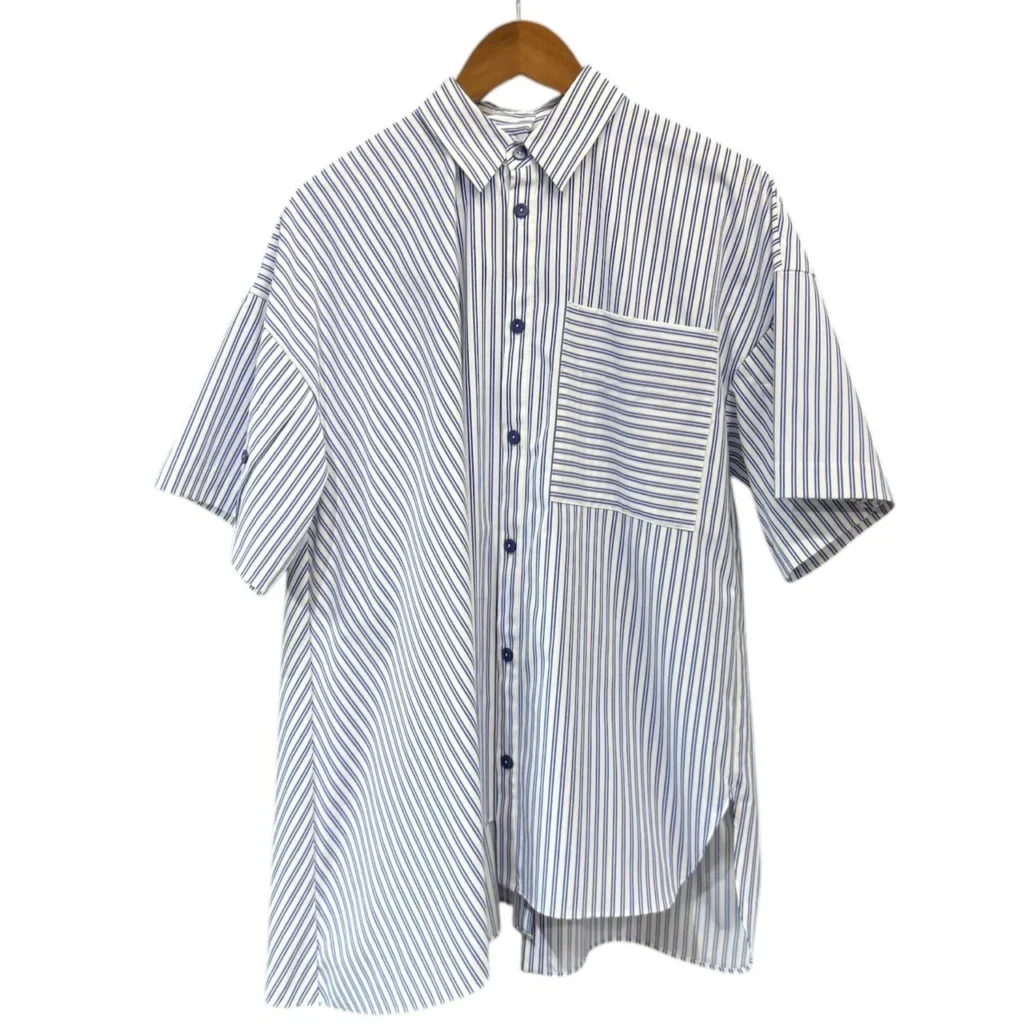 nagonstans ナゴンスタンス 25AW asymmetry shirt アシンメトリーストライプ半袖シャツ 470IA430-0301 M ブルー