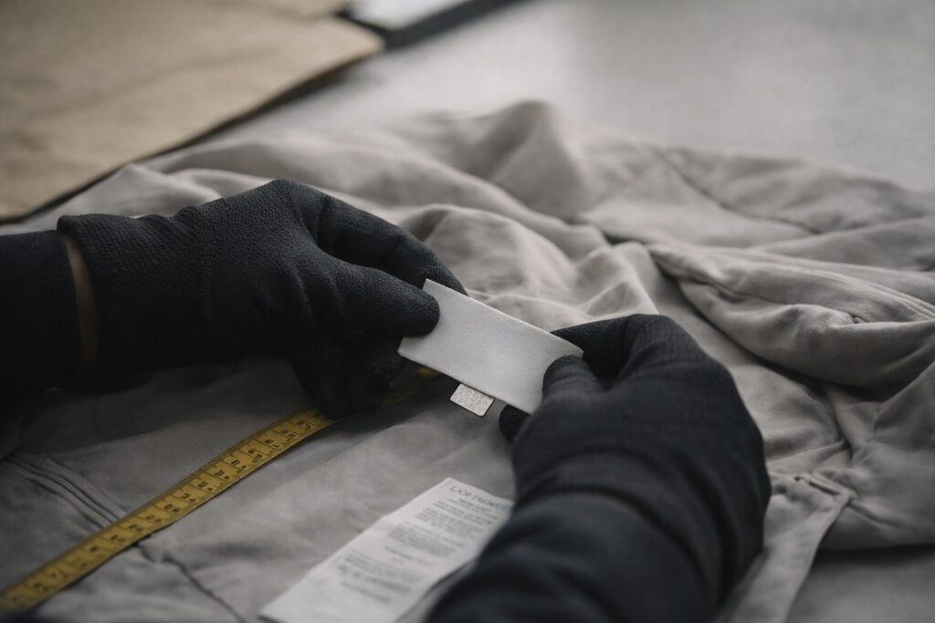 デザイナーズブランドやアーカイブアイテムを丁寧に査定する様子