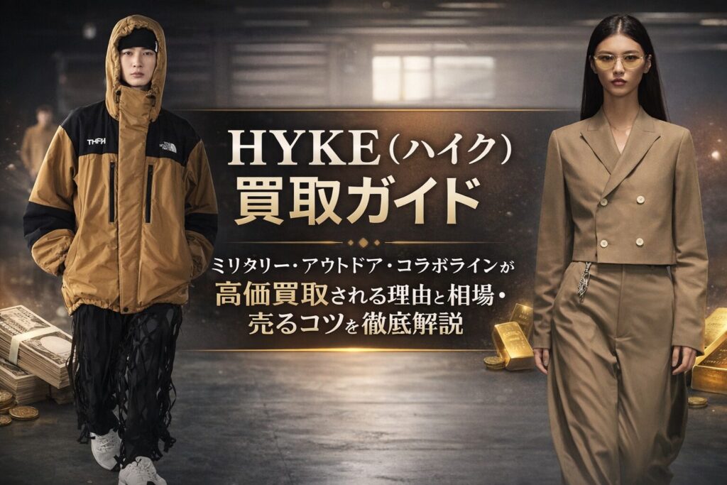 HYKE(ハイク)のミリタリー・アウトドア・コラボラインを紹介する買取ガイド用アイキャッチ画像。TNFコラボのアウターとジャケットスタイルのルックが並んだイメージ。