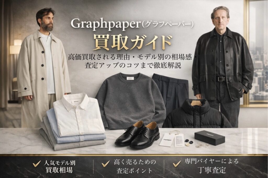 Graphpaper(グラフペーパー)買取ガイド用のラグジュアリーなアイキャッチ画像。ベージュのロングコートを着たモデルとブラックのレザージャケットを着たモデルが並び、シャツやスウェット、ダウン、革靴などのアイテムが上品に配置されている。