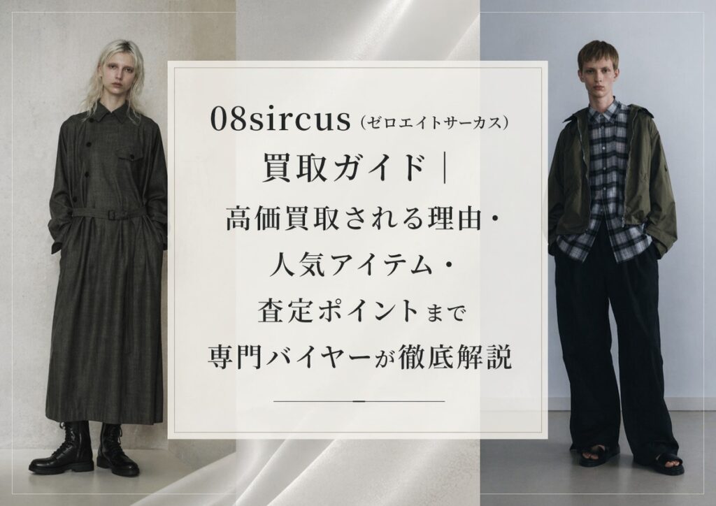 08sircus(ゼロエイトサーカス)の買取ガイド用アイキャッチ画像。モード感のあるコートやジャケットスタイルを背景に、高価買取される理由や査定ポイントを紹介。