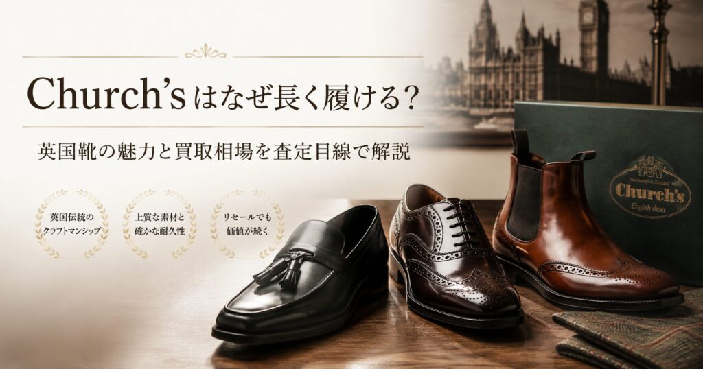 Church’sのローファーやブローグシューズ、チェルシーブーツを上品に並べた英国靴買取ブログのアイキャッチ画像。