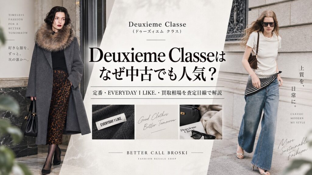 Deuxieme Classe(ドゥーズィエム クラス)のコートやデニムを使った上品なスタイリングを背景に、中古でも人気の理由と定番アイテム・買取相場を解説するブログ用アイキャッチ画像。