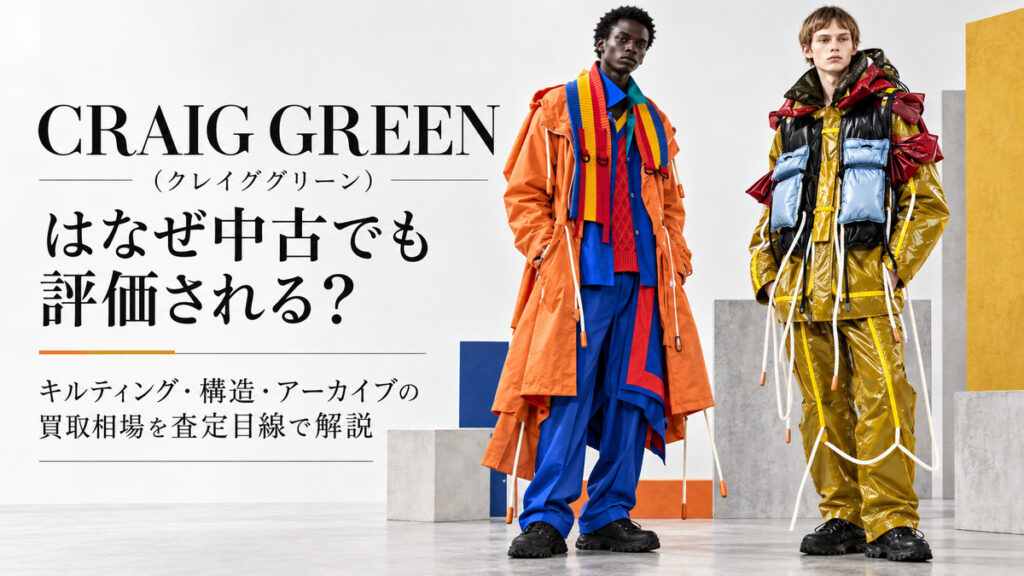 CRAIG GREEN(クレイググリーン)のキルティングや構造的なデザインを取り入れたアウターの着用イメージ。中古市場での評価やアーカイブの買取相場を解説するブログのアイキャッチ画像。