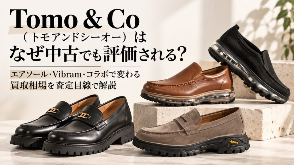 Tomo & Co(トモアンドシーオー)のエアソール搭載ローファーやVibramソールシューズを背景に、中古でも評価される理由とコラボモデルの買取相場を査定目線で解説するブログ用アイキャッチ画像。